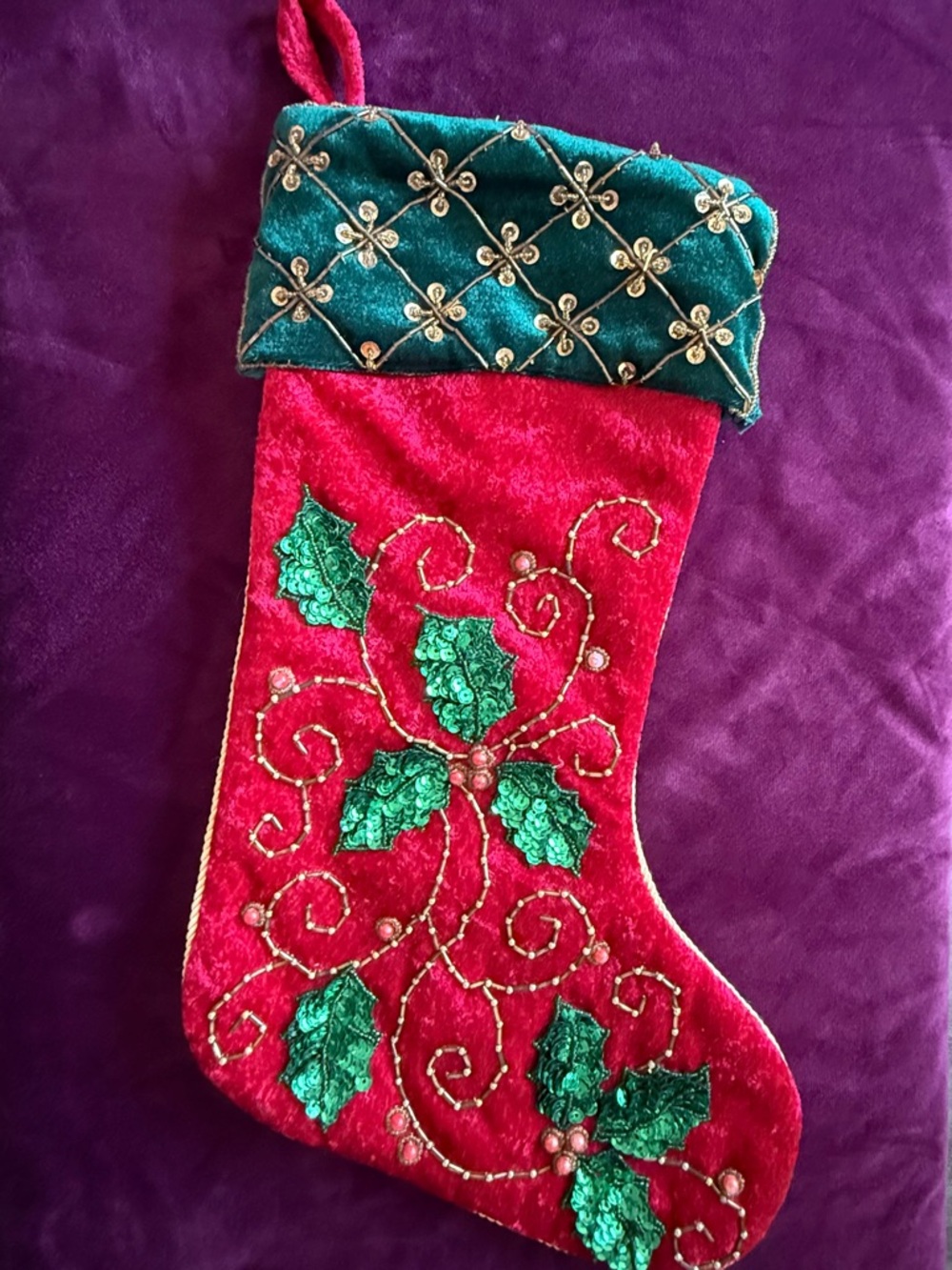 Embellished Red Velvet Christmas Stocking with Green Cuff